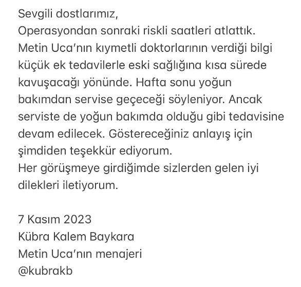 metin uca nin saglik durumuyla ilgili menajerinden yeni aciklama